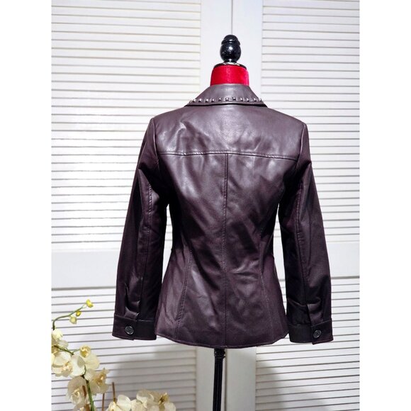 NWOT Dennis Basso Women's Dark Mahogany Faux Leather Studded Jacket Sz XXS 2207 - Picture 5 of 15